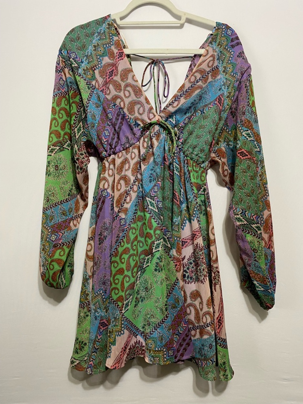High Spirits Boho Fairy Patchwork Mini A-Line V-Neck Open Back Dress Sz 14